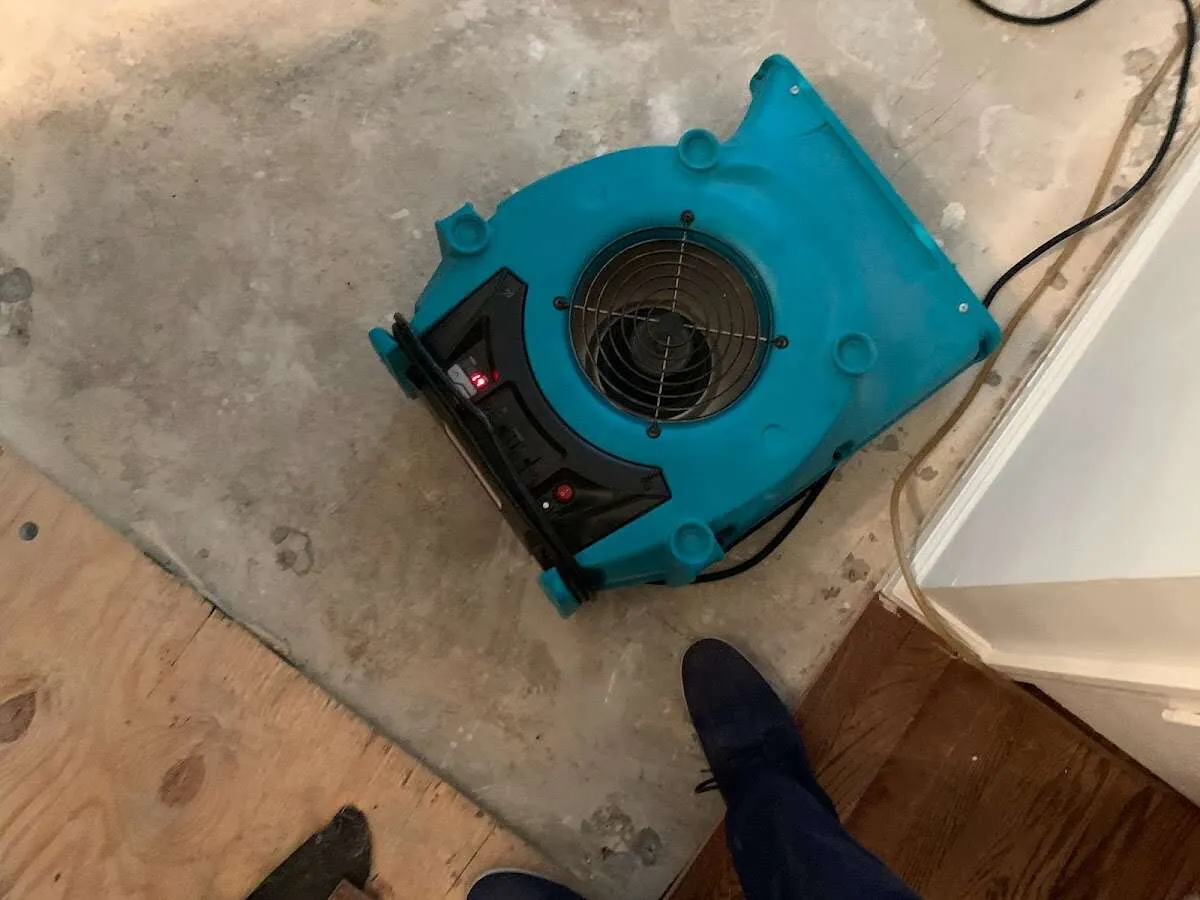 Air mover drying subfloor during Leak Detection & Repair in Fate
